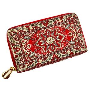 ✅ 5 for $25 - Tapestry Style Wristlet Clutch, Gold Tone & Red, 7.25 Inches
